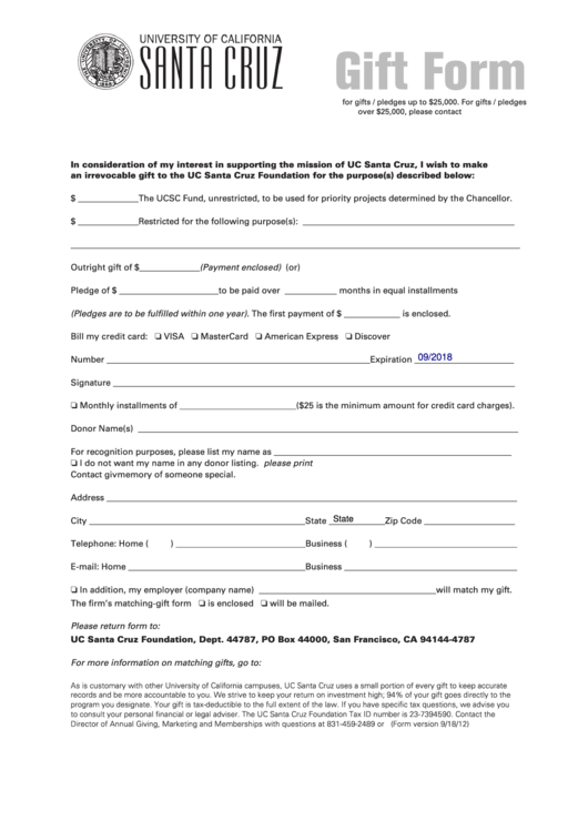 Fillable Uni Of California Santa Cruz Gift Form Printable pdf