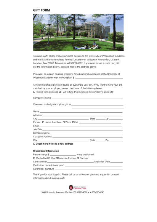 Fillable University Of Wisconsin Foundation Gift Form Printable pdf