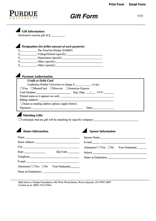 Fillable Purdue Uni Gift Form Printable pdf