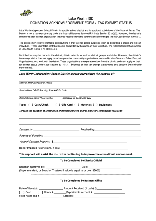Lake Worth Isd Donation Acknowledgement Form Printable pdf