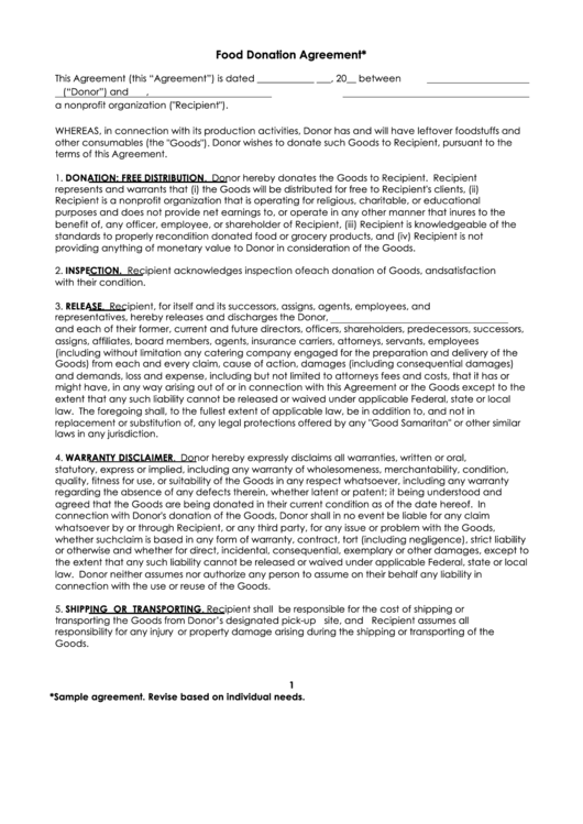 Food Donation Agreement Printable pdf