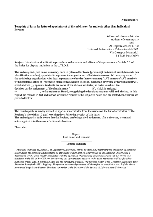 Template Of Form For Letter Of Appointment Of The Arbitrator For Subjects Other Than Individual Persons Printable pdf