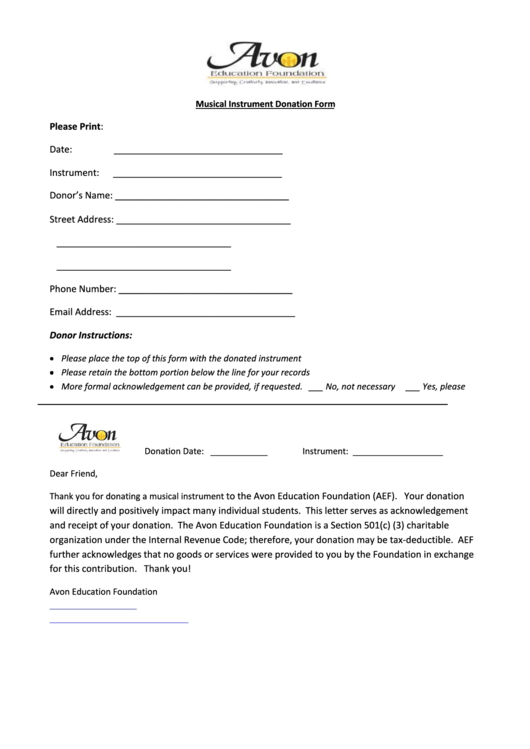 Musical Instrument Donation Form Printable pdf