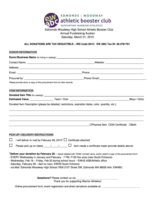 Edmonds Woodway Athletics Donation Form Printable pdf