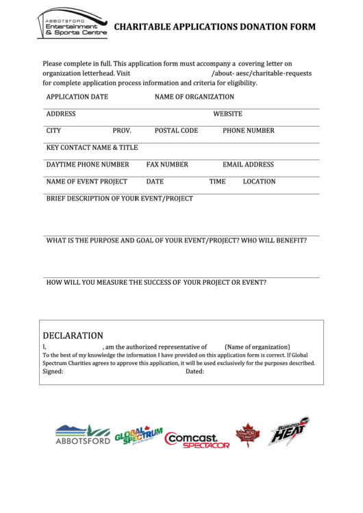 Abbotsford Charitable Applications Donation Form Printable pdf