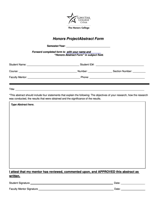 Fillable Honors Project Abstract Form Printable pdf