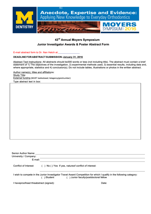 Fillable Junior Investigator Awards Poster Abstract Form Printable pdf