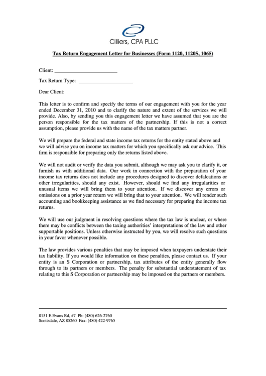Tax Return Engagement Letter For Businesses (Form 1120, 1120s, 1065) Printable pdf