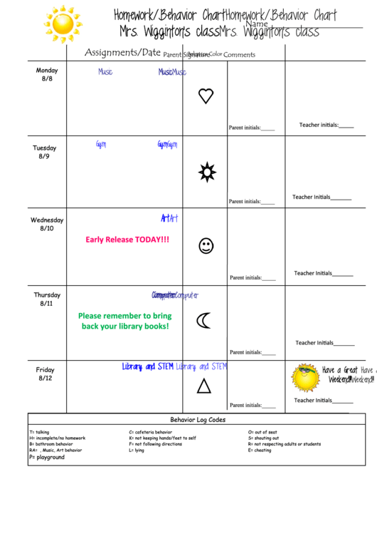 Homework/behavior Chart Printable pdf