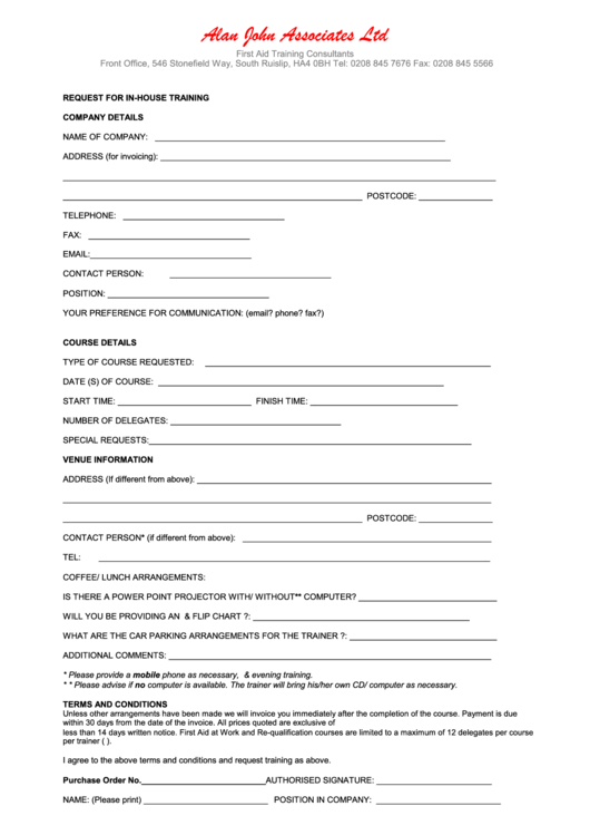 Request For In-House Training - Alan John Associates Ltd. Printable pdf