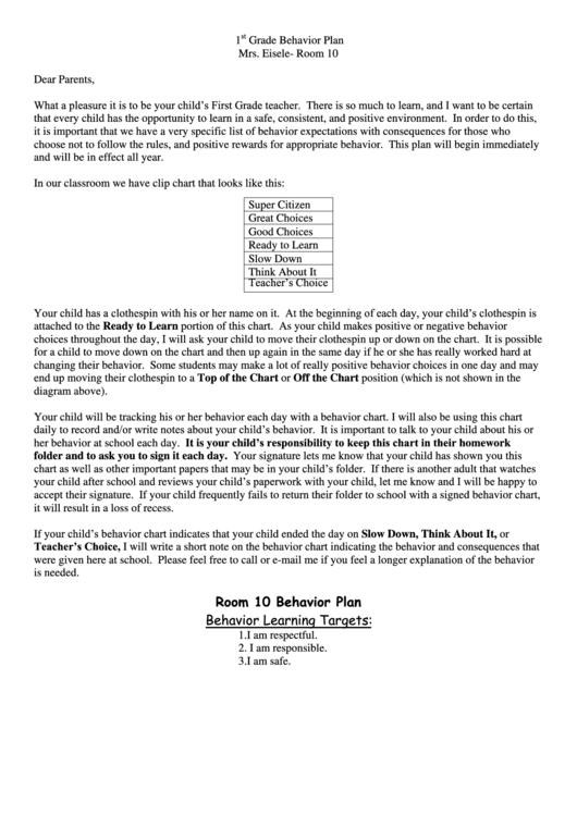 1 St Grade Behavior Plan Printable pdf