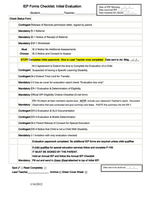 Iep Forms Checklist
