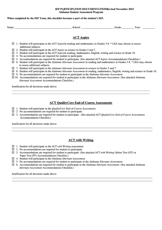 Fillable Iep Participation Documentation Printable pdf