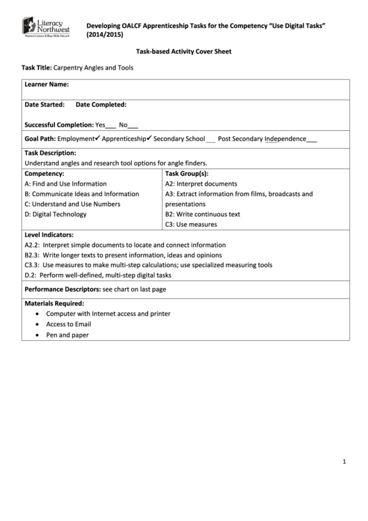 Task Based Activity Cover Sheet Printable pdf