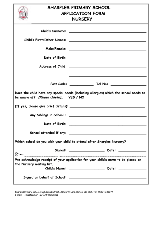 Primary School Application Form Nursery Printable pdf