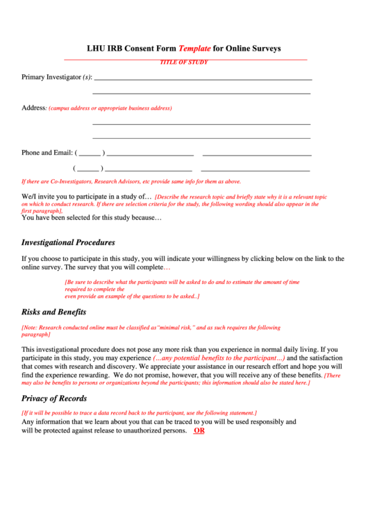 Lhu Irb Consent Form Template For Online Surveys Printable pdf