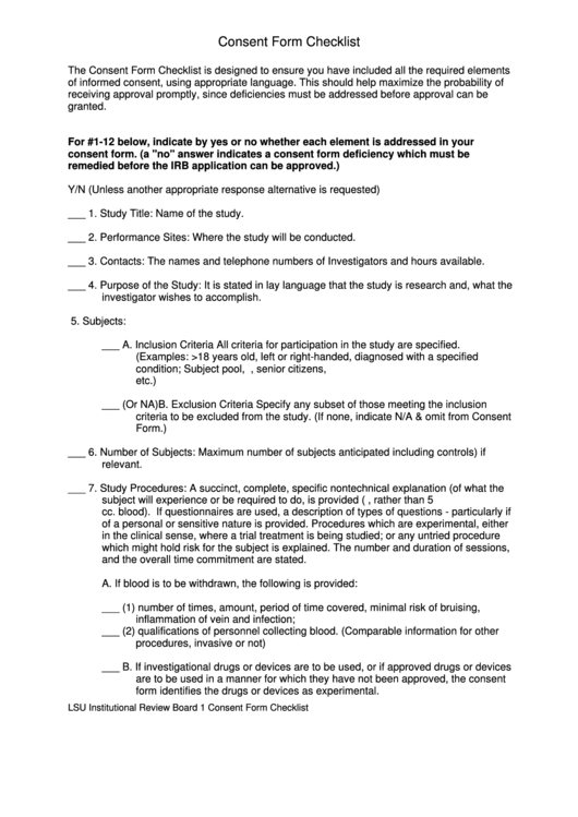 Consent Form Checklist Printable pdf
