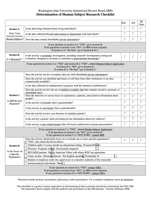 Fillable Determination Of Human Subject Research Checklist Printable pdf