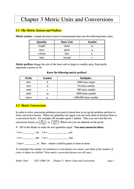 Metric Units And Conversions Printable pdf