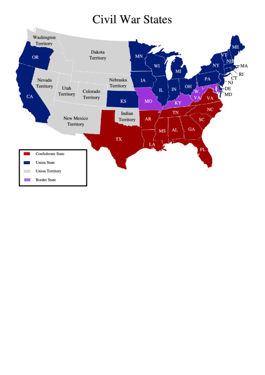 Civil War States Printable pdf