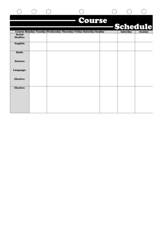 Course Schedule Template - Black And White Printable pdf