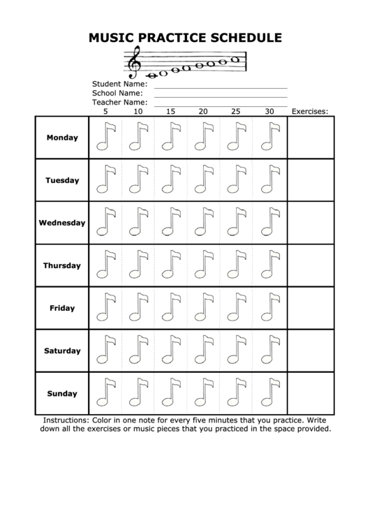 Music Practice Schedule Template Printable pdf