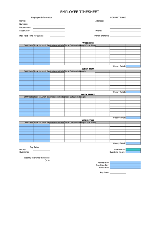 4 Week Employee Timesheet Template Printable pdf