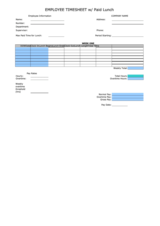 Employee Timesheet Template With Paid Lunch Printable pdf