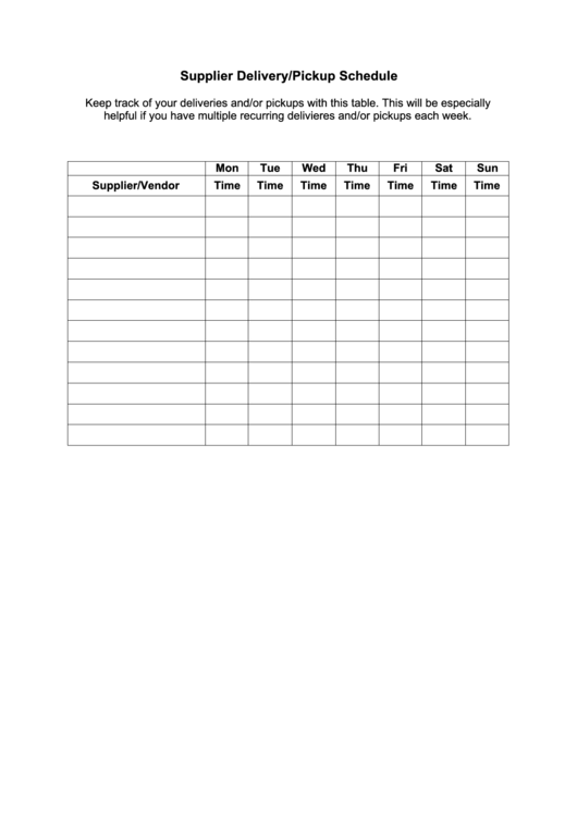 Supplier Delivery/pickup Schedule Template Printable pdf