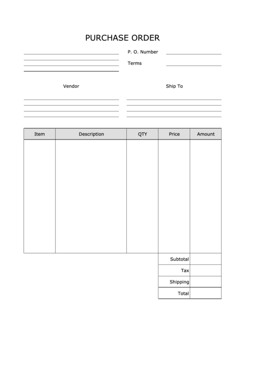 Purchase Order Template - Portrait, Blank Printable pdf