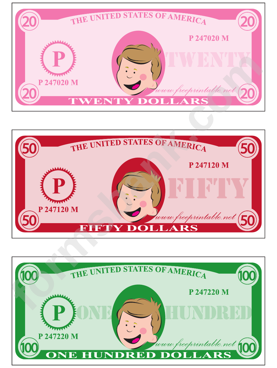 Play-Dollar Templates - Twenty, Fifty And One Hundred