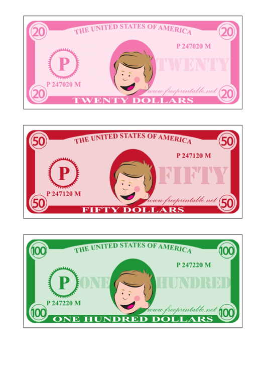 Play-Dollar Templates - Twenty, Fifty And One Hundred Printable pdf