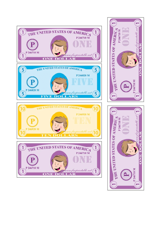 Play-Dollar Templates - One, Five And Ten Printable pdf