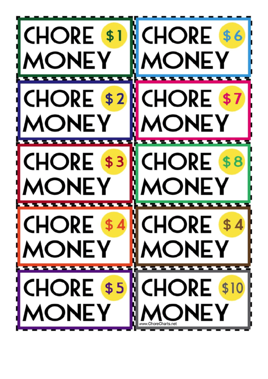 Colorful Chore Money Template Printable pdf