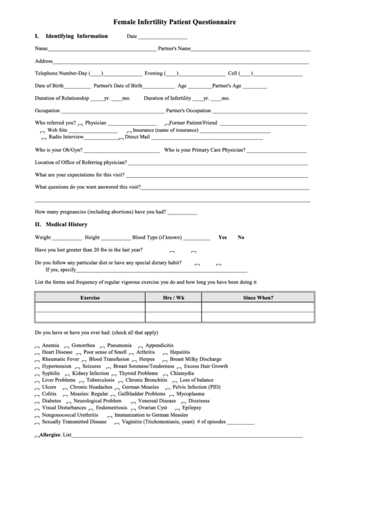 Female Infertility Patient Questionnaire Printable pdf