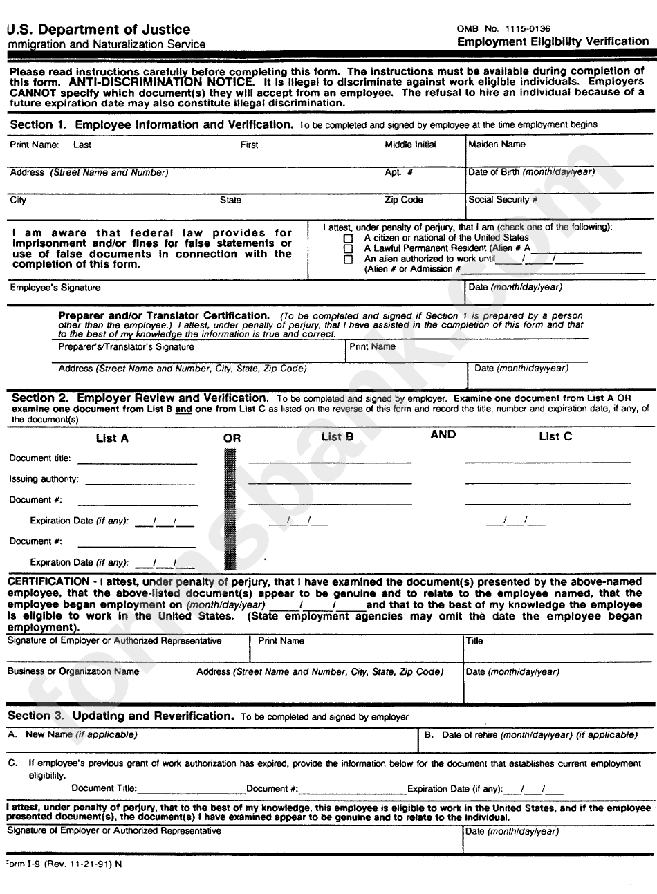 Form I-9 - Employment Eligibility Verification Form - U.s. Department Of Justice