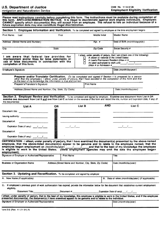 Form I-9 - Employment Eligibility Verification Form - U.s. Department Of Justice Printable pdf