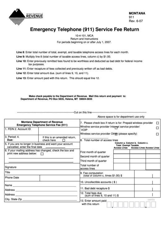 Fillable Montana Form 911 - Emergency Telephone Service Fee Return Printable pdf