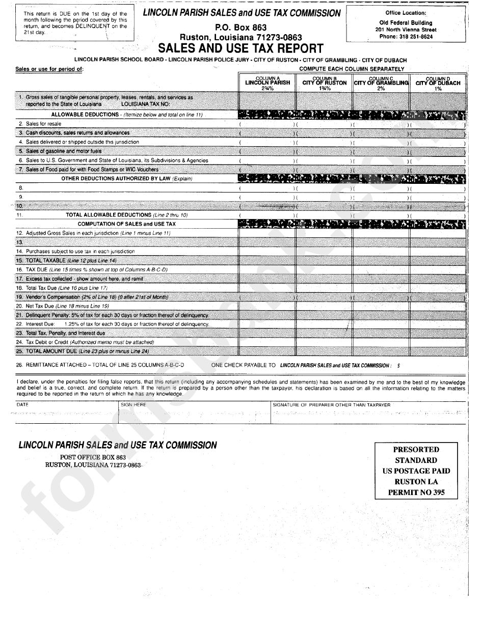 Sales And Use Tax Report Form - Sales And Use Tax Comission - Ruston - Louisiana