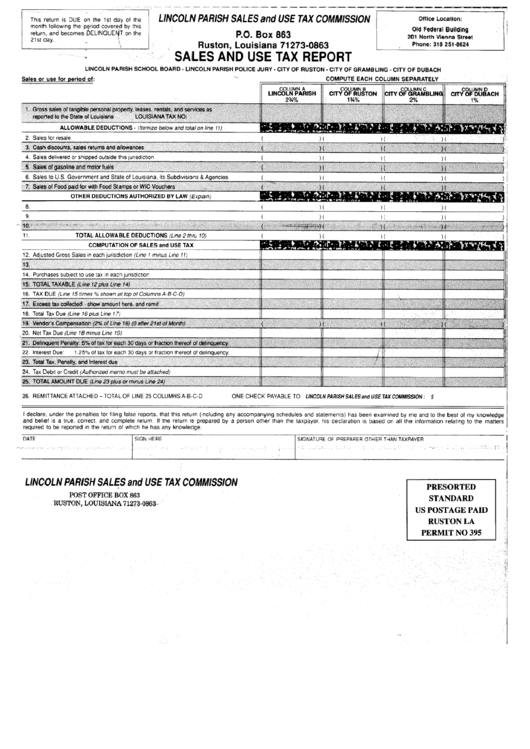 Sales And Use Tax Report Form - Sales And Use Tax Comission - Ruston - Louisiana Printable pdf