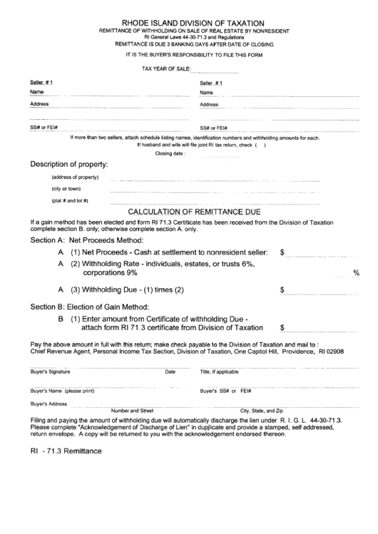 Fillable Form Ri-71.3 Remittance - Remittance Of Withholding On Sale Of Real Estate By Nonresident Form - Rhode Island Division Of Taxation Printable pdf