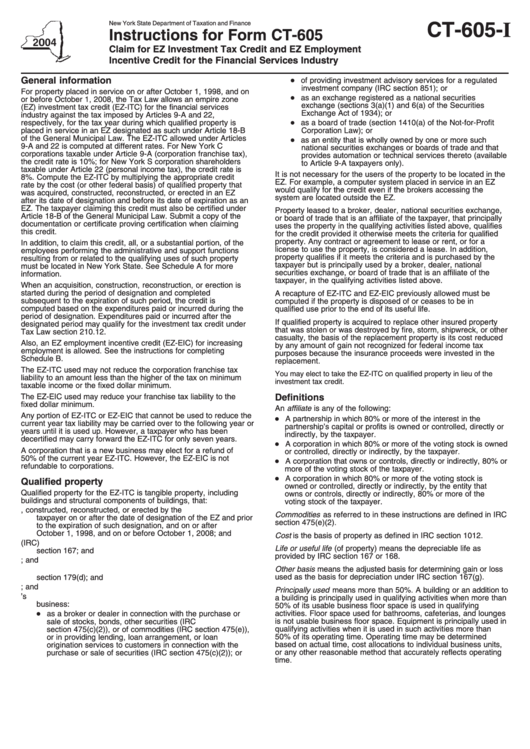 Instructions For Form Ct-605 - Claim For Ez Investment Tax Credit And Ez Employment Incentive Credit For The Financial Services Industry - New York State Department Of Taxation And Finance - 2004 Printable pdf