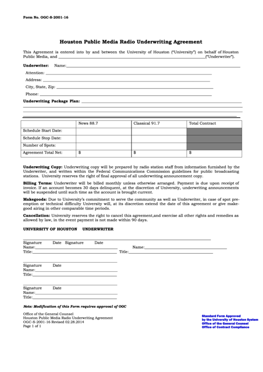 Fillable Form Ogc-S-2001-16 - Public Media Radio Underwriting Agreement Printable pdf