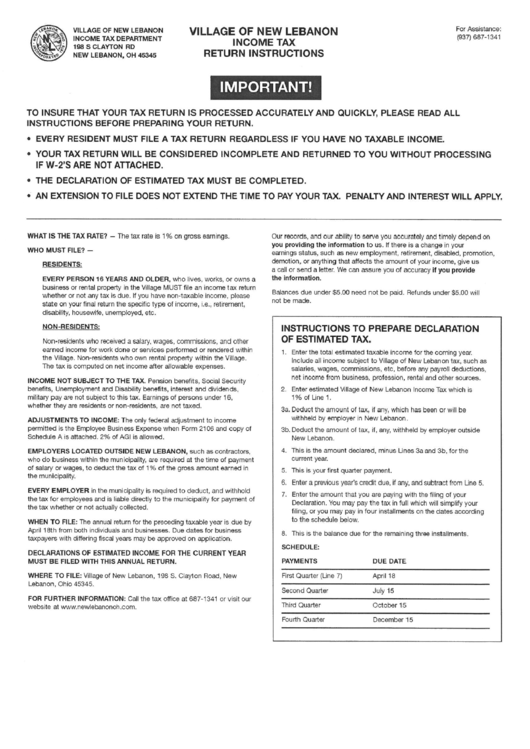 Income Tax Return Instructions - Village Of New Lebanon Printable pdf