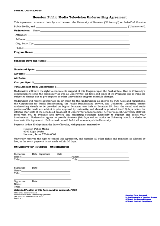 Fillable Form Ogc-S-2001-15 - Public Media Television Underwriting Agreement Printable pdf