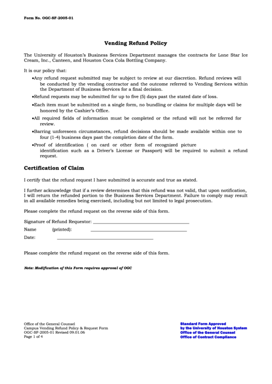 Fillable Form Ogc-Sf-2005-01 - Vending Refund Policy And Request Form Printable pdf
