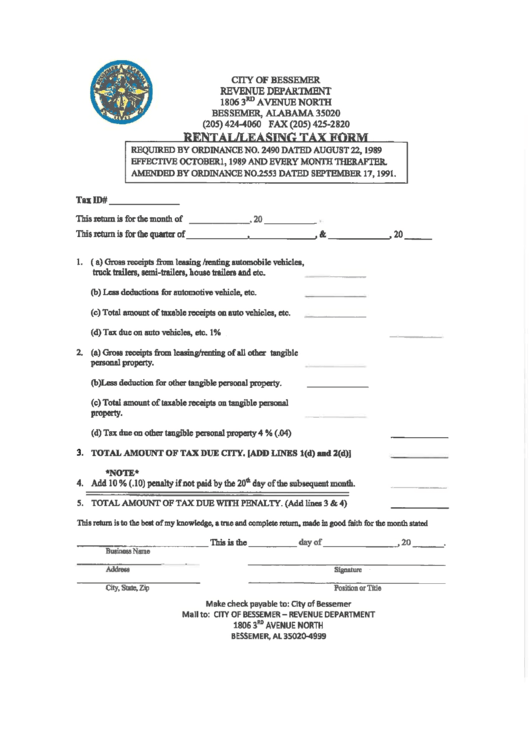 Rental / Leasing Tax Form - City Of Bessemer Printable pdf