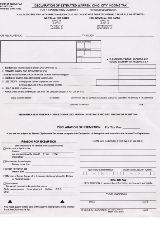 Form D1 - Declaration Of Estimated Warren Printable pdf