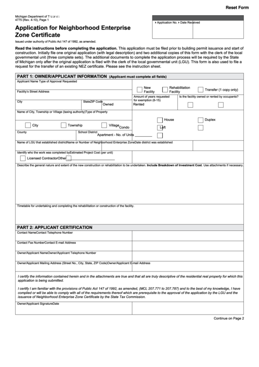 Fillable Form 4775 - Application For Neighborhood Enterprise Zone Certificate Printable pdf