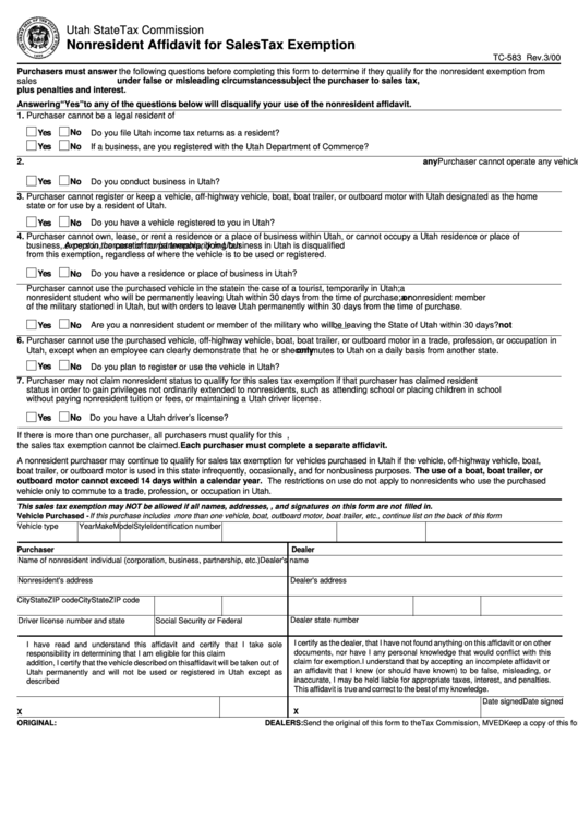 Form Tc-583 - Nonresident Affidavit For Sales Tax Exemption Printable pdf